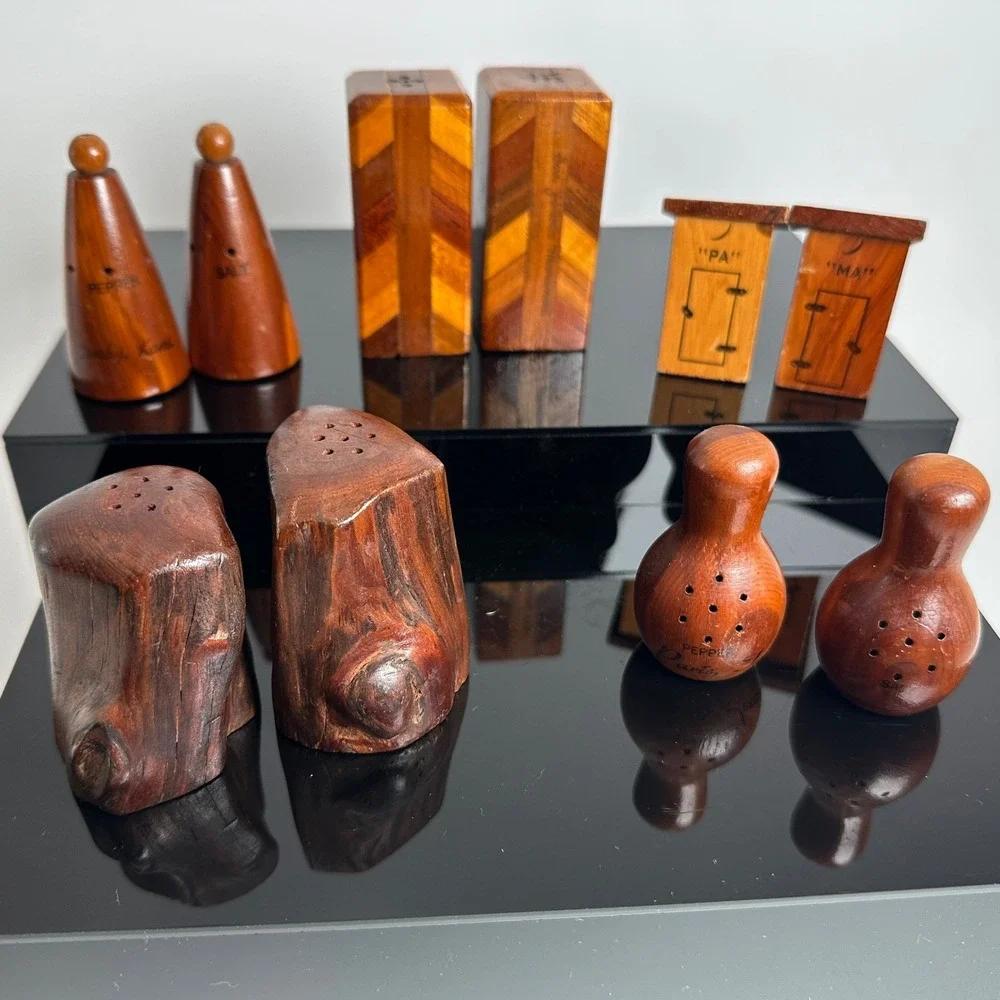 Vintage Salt Pepper Shaker Set Lot of 5 Wood Inlay Souvenir Novelty Rustic Mini